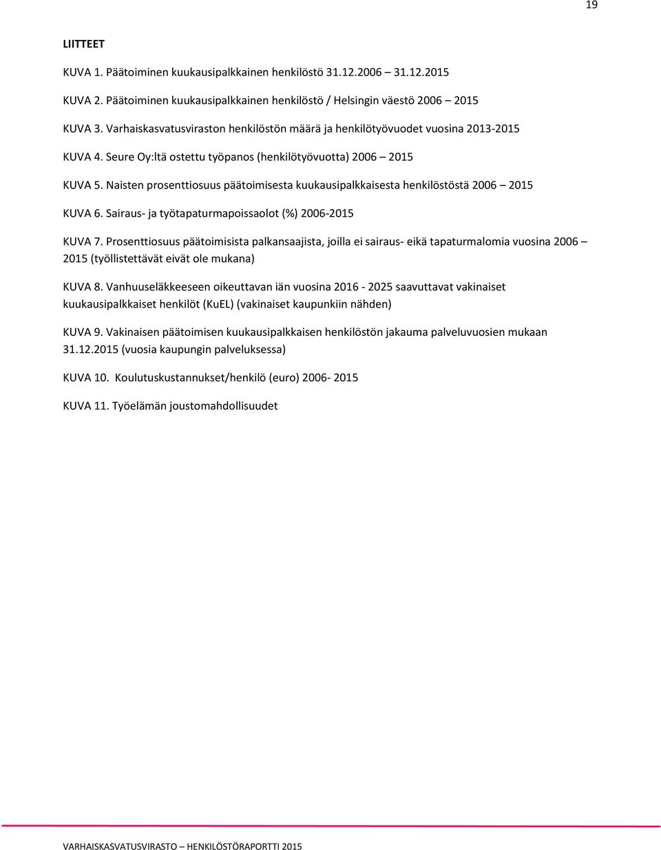 Naisten prosenttiosuus päätoimisesta kuukausipalkkaisesta henkilöstöstä 2006 2015 KUVA 6. Sairaus- ja työtapaturmapoissaolot (%) 2006-2015 KUVA 7.