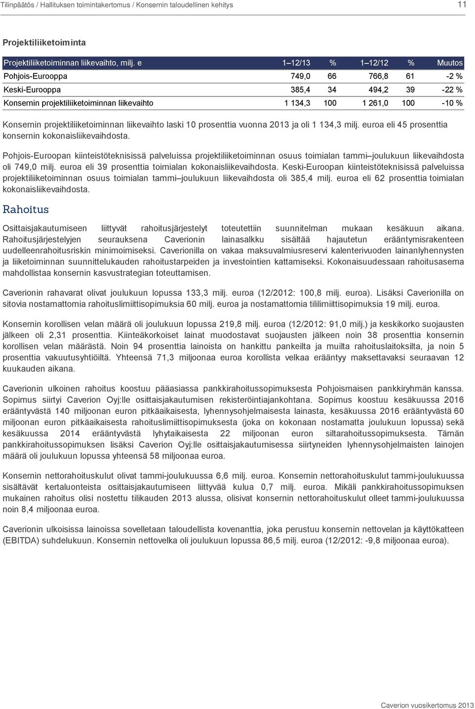 projektiliiketoiminnan liikevaihto laski 10 prosenttia vuonna 2013 ja oli 1 134,3 milj. euroa eli 45 prosenttia konsernin kokonaisliikevaihdosta.