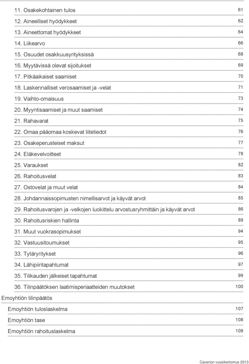 Varaukset 26. Rahoitusvelat 27. Ostovelat ja muut velat 28. Johdannaissopimusten nimellisarvot ja käyvät arvot 29. Rahoitusvarojen ja -velkojen luokittelu arvostusryhmittäin ja käyvät arvot 30.