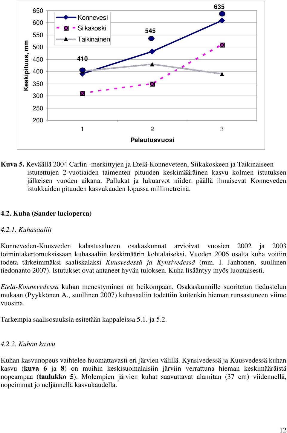 Pallukat ja lukuarvot niiden päällä ilmaisevat Konneveden istukkaiden pituuden kasvukauden lopussa millimetreinä. 4.2. Kuha (Sander lucioperca) 4.2.1.