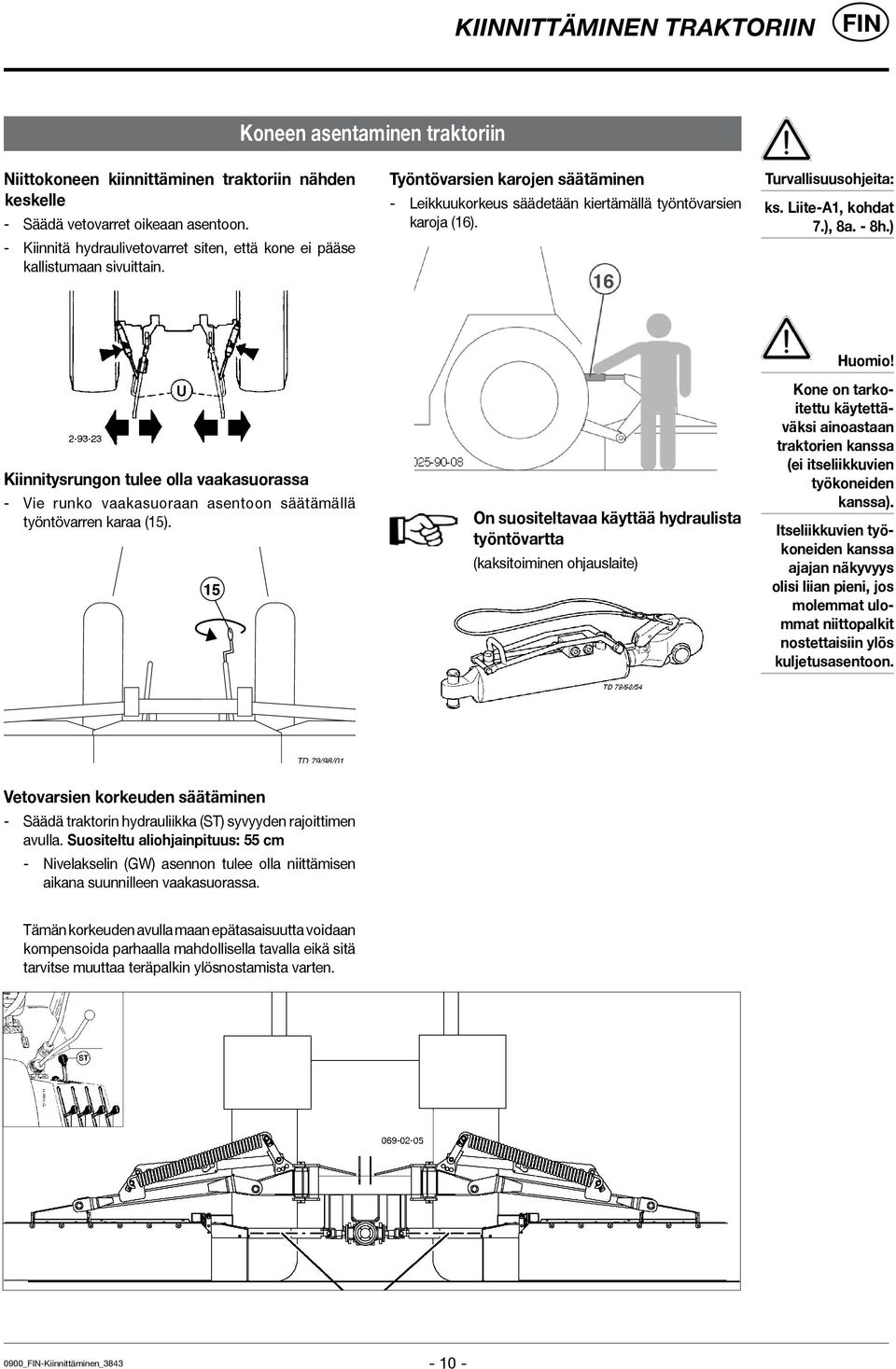 Turvallisuusohjeita: ks. Liite-A1, kohdat 7.), 8a. - 8h.) Kiinnitysrungon tulee olla vaakasuorassa - Vie runko vaakasuoraan asentoon säätämällä työntövarren karaa (15).