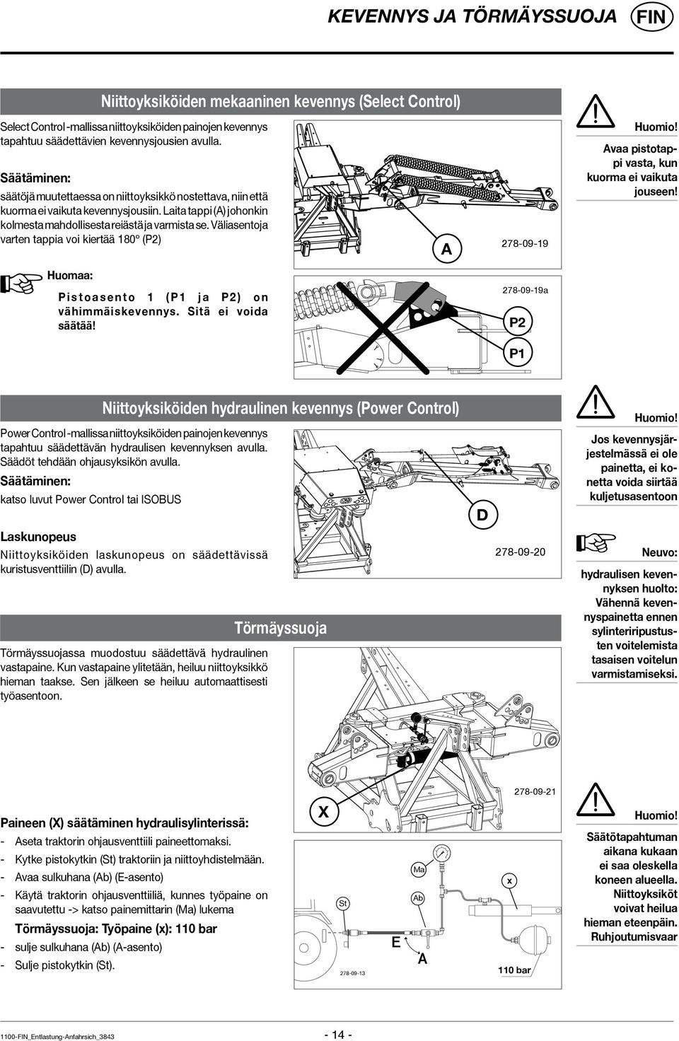 Väliasentoja varten tappia voi kiertää 180º (P2) A 278-09-19 Huomio! Avaa pistotappi vasta, kun kuorma ei vaikuta jouseen! Huomaa: P i s t o a s e n t o 1 ( P 1 j a P 2 ) o n vähimmäiskevennys.