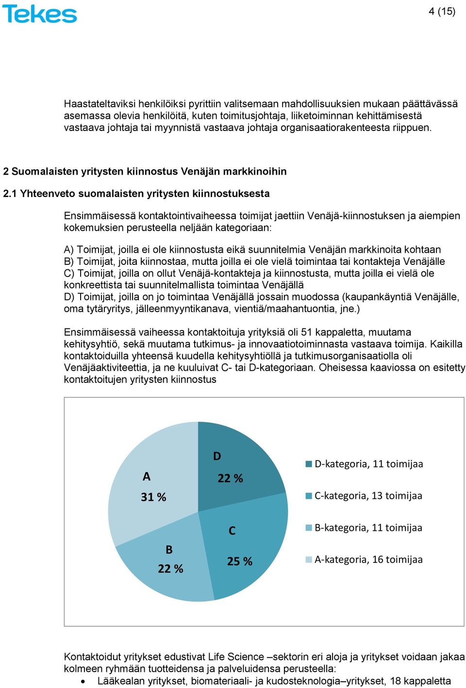 1 Yhteenveto suomalaisten yritysten kiinnostuksesta Ensimmäisessä kontaktointivaiheessa toimijat jaettiin Venäjä-kiinnostuksen ja aiempien kokemuksien perusteella neljään kategoriaan: A) Toimijat,