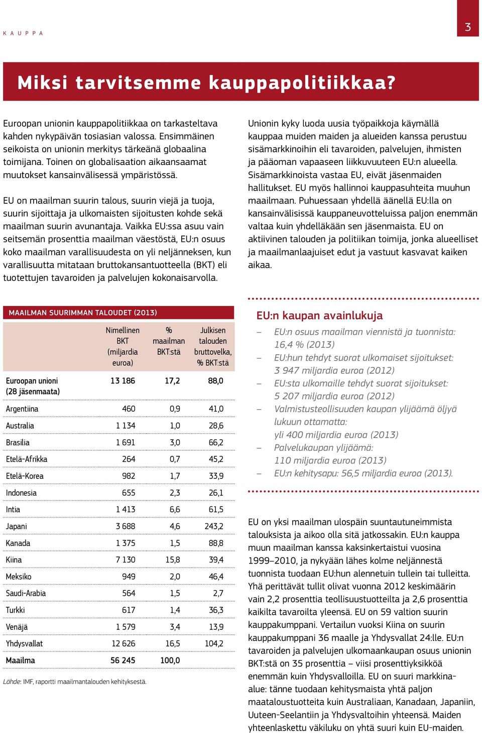 EU on maailman suurin talous, suurin viejä ja tuoja, suurin sijoittaja ja ulkomaisten sijoitusten kohde sekä maailman suurin avunantaja.