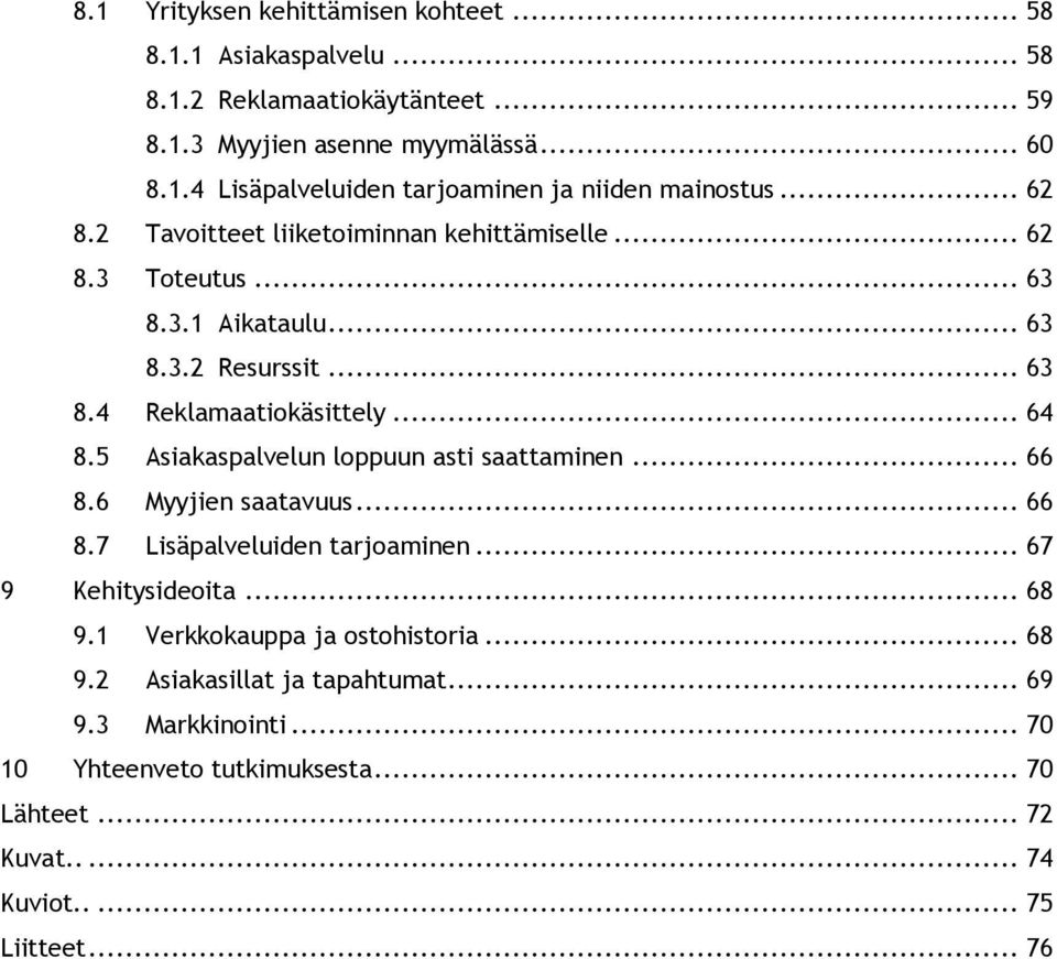 5 Asiakaspalvelun loppuun asti saattaminen... 66 8.6 Myyjien saatavuus... 66 8.7 Lisäpalveluiden tarjoaminen... 67 9 Kehitysideoita... 68 9.