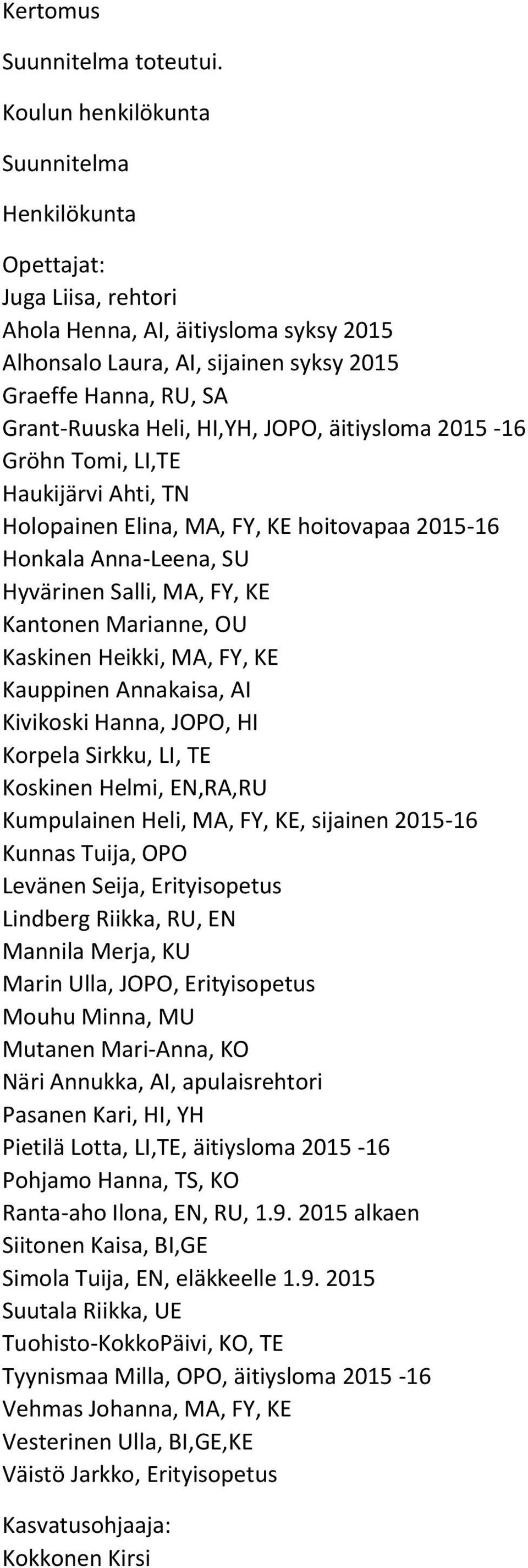 äitiysloma 2015-16 Gröhn Tomi, LI,TE Haukijärvi Ahti, TN Holopainen Elina, MA, FY, KE hoitovapaa 2015-16 Honkala Anna-Leena, SU Hyvärinen Salli, MA, FY, KE Kantonen Marianne, OU Kaskinen Heikki, MA,