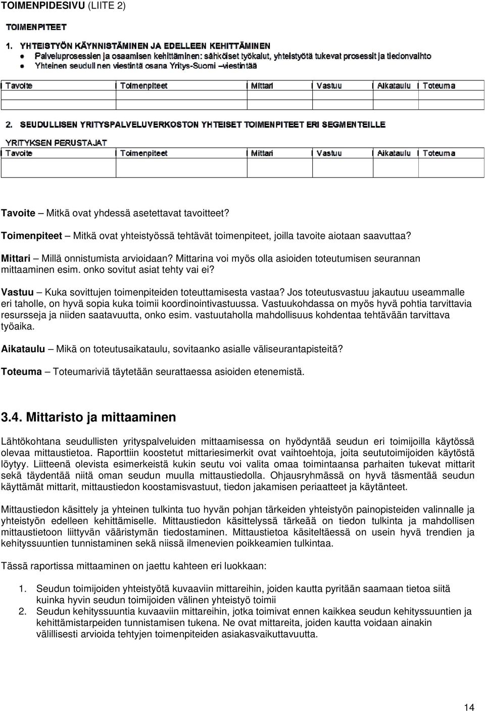 Vastuu Kuka sovittujen toimenpiteiden toteuttamisesta vastaa? Jos toteutusvastuu jakautuu useammalle eri taholle, on hyvä sopia kuka toimii koordinointivastuussa.