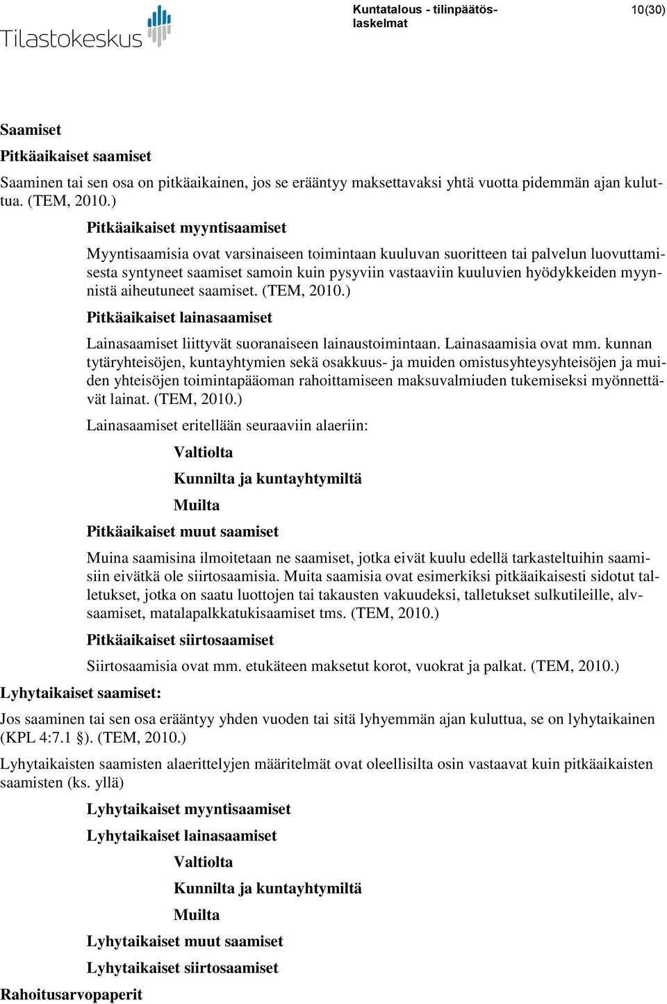 kuuluvien hyödykkeiden myynnistä aiheutuneet saamiset. (TEM, 2010.) Pitkäaikaiset lainasaamiset Lainasaamiset liittyvät suoranaiseen lainaustoimintaan. Lainasaamisia ovat mm.