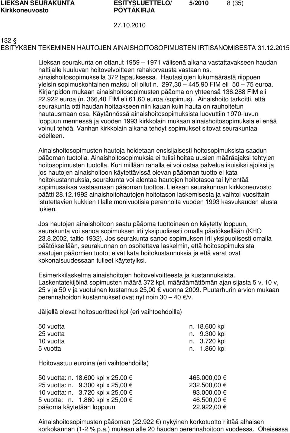 Hautasijojen lukumäärästä riippuen yleisin sopimuskohtainen maksu oli ollut n. 297,30 445,90 FIM eli 50 75 euroa. Kirjanpidon mukaan ainaishoitosopimusten pääoma on yhteensä 136.288 FIM eli 22.