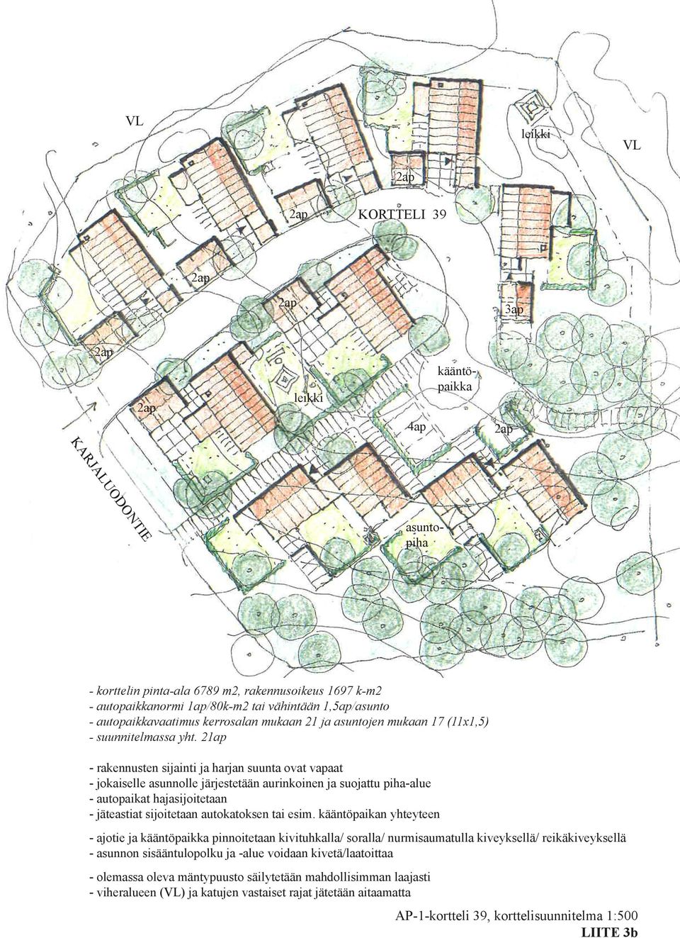 21ap - rakennusten sijainti ja harjan suunta ovat vapaat - jokaiselle asunnolle järjestetään aurinkoinen ja suojattu piha-alue - autopaikat hajasijoitetaan - jäteastiat sijoitetaan autokatoksen tai