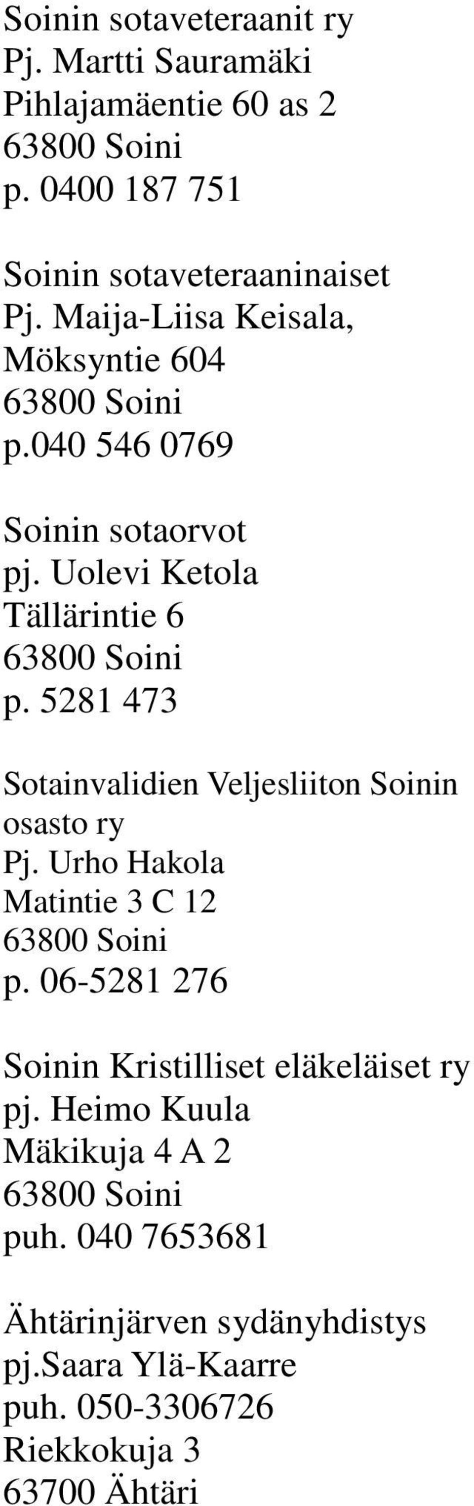 5281 473 Sotainvalidien Veljesliiton Soinin osasto ry Pj. Urho Hakola Matintie 3 C 12 p.