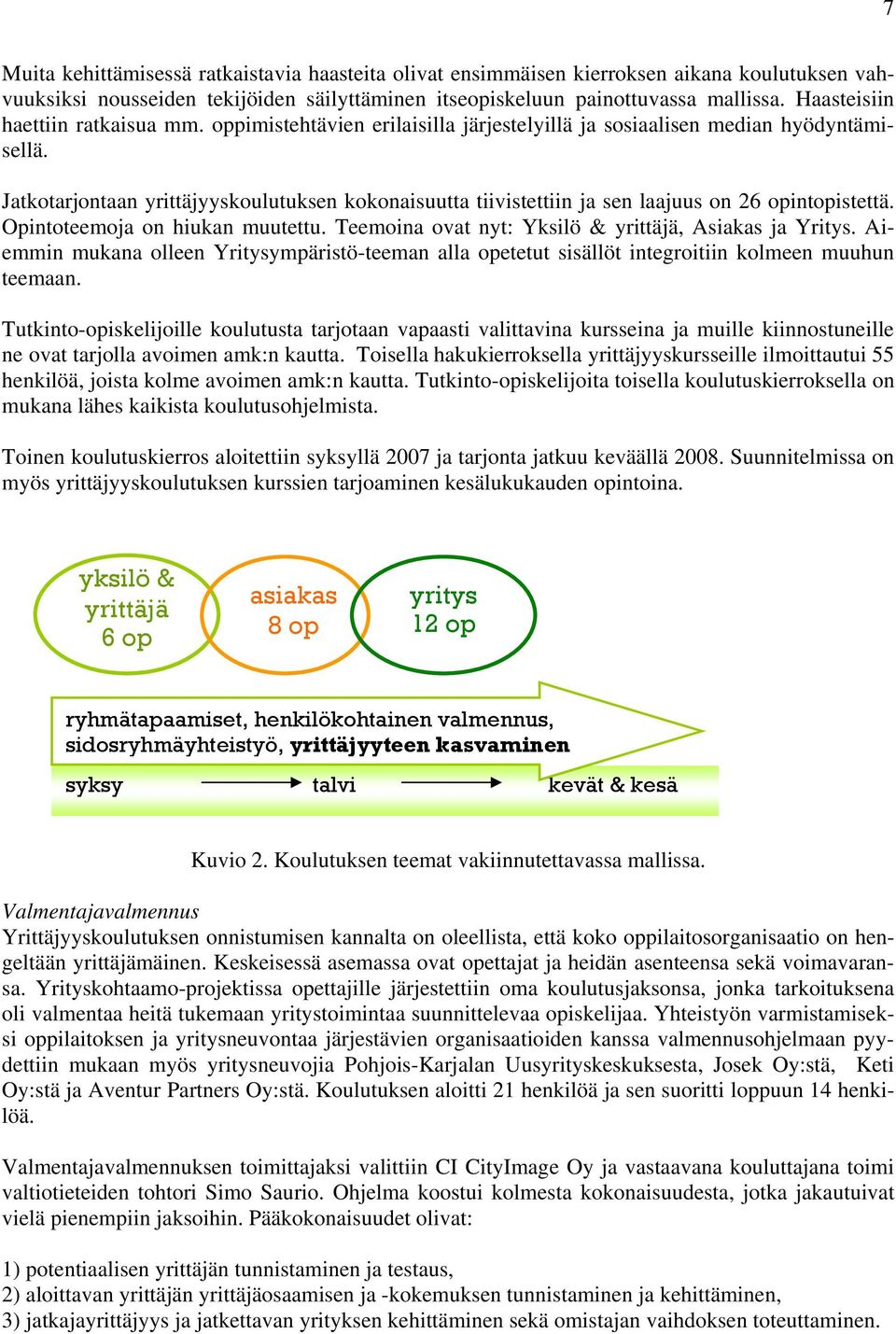 Jatkotarjontaan yrittäjyyskoulutuksen kokonaisuutta tiivistettiin ja sen laajuus on 26 opintopistettä. Opintoteemoja on hiukan muutettu. Teemoina ovat nyt: Yksilö & yrittäjä, Asiakas ja Yritys.