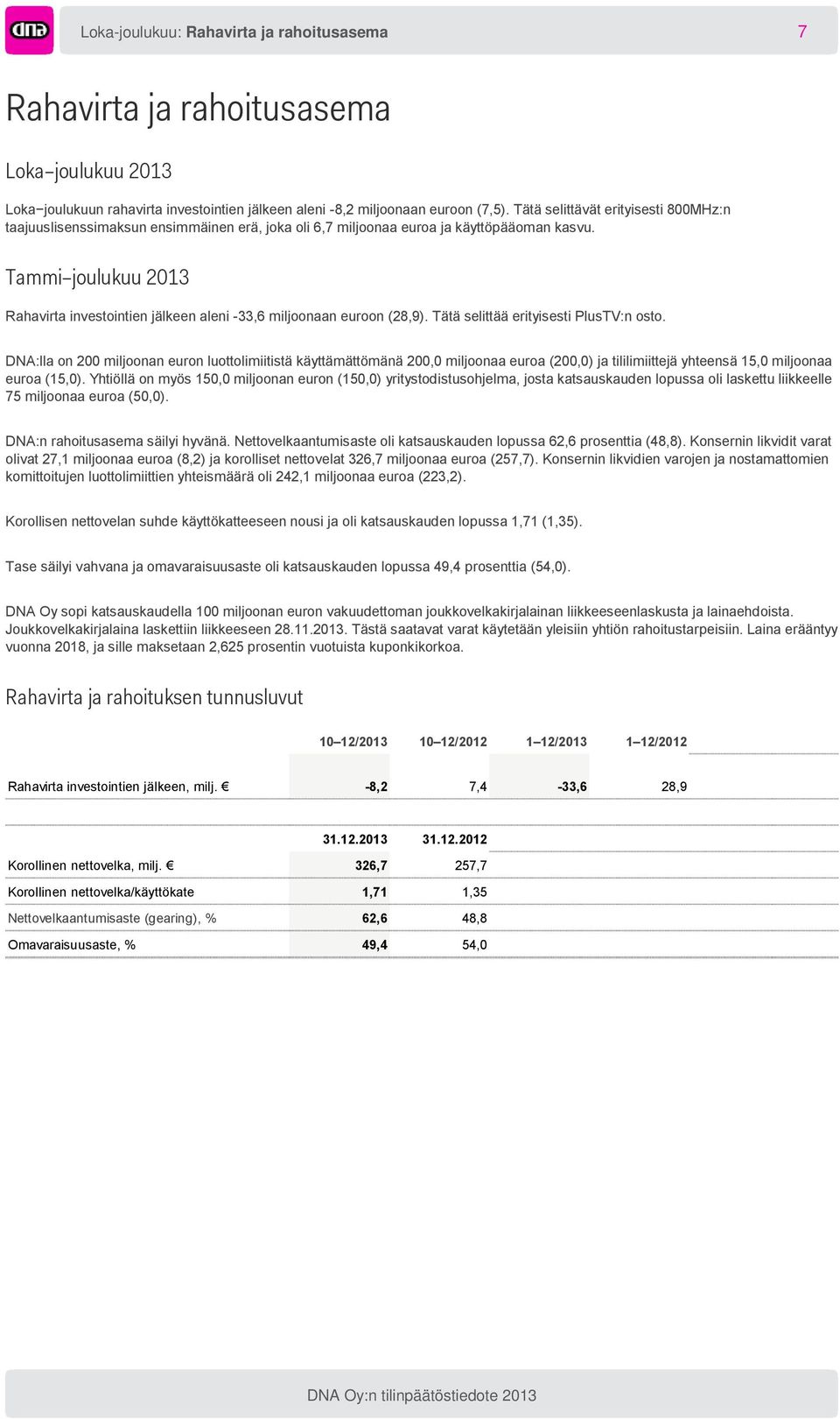 Tammi joulukuu 2013 Rahavirta investointien jälkeen aleni -33,6 miljoonaan euroon (28,9). Tätä selittää erityisesti PlusTV:n osto.