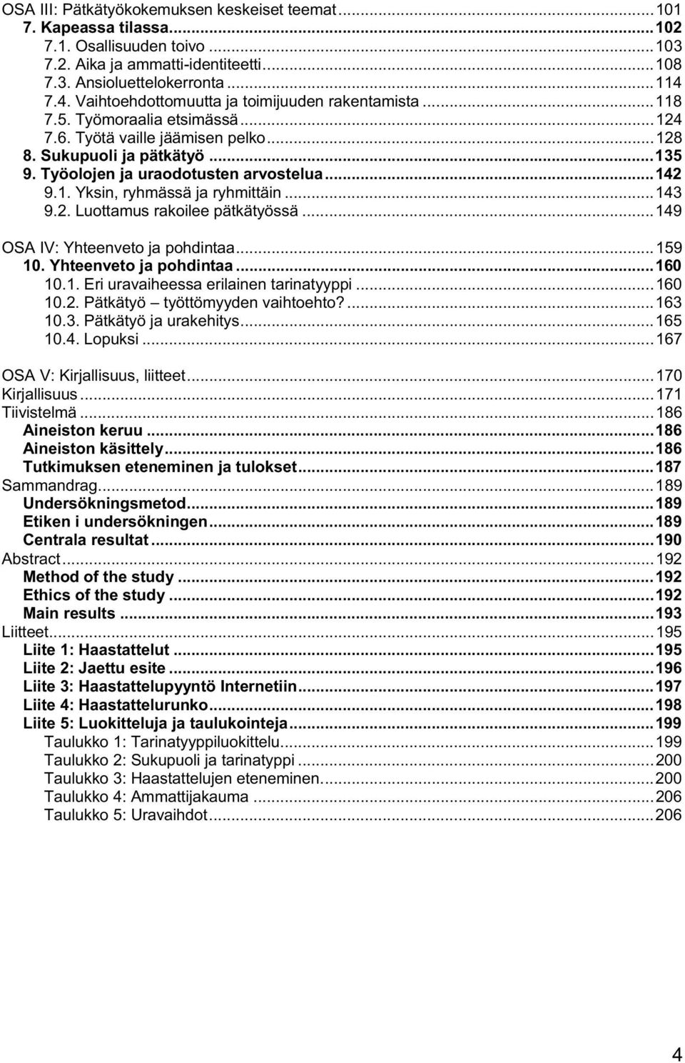 Työolojen ja uraodotusten arvostelua... 142 9.1. Yksin, ryhmässä ja ryhmittäin... 143 9.2. Luottamus rakoilee pätkätyössä... 149 OSA IV: Yhteenveto ja pohdintaa... 159 10. Yhteenveto ja pohdintaa... 160 10.