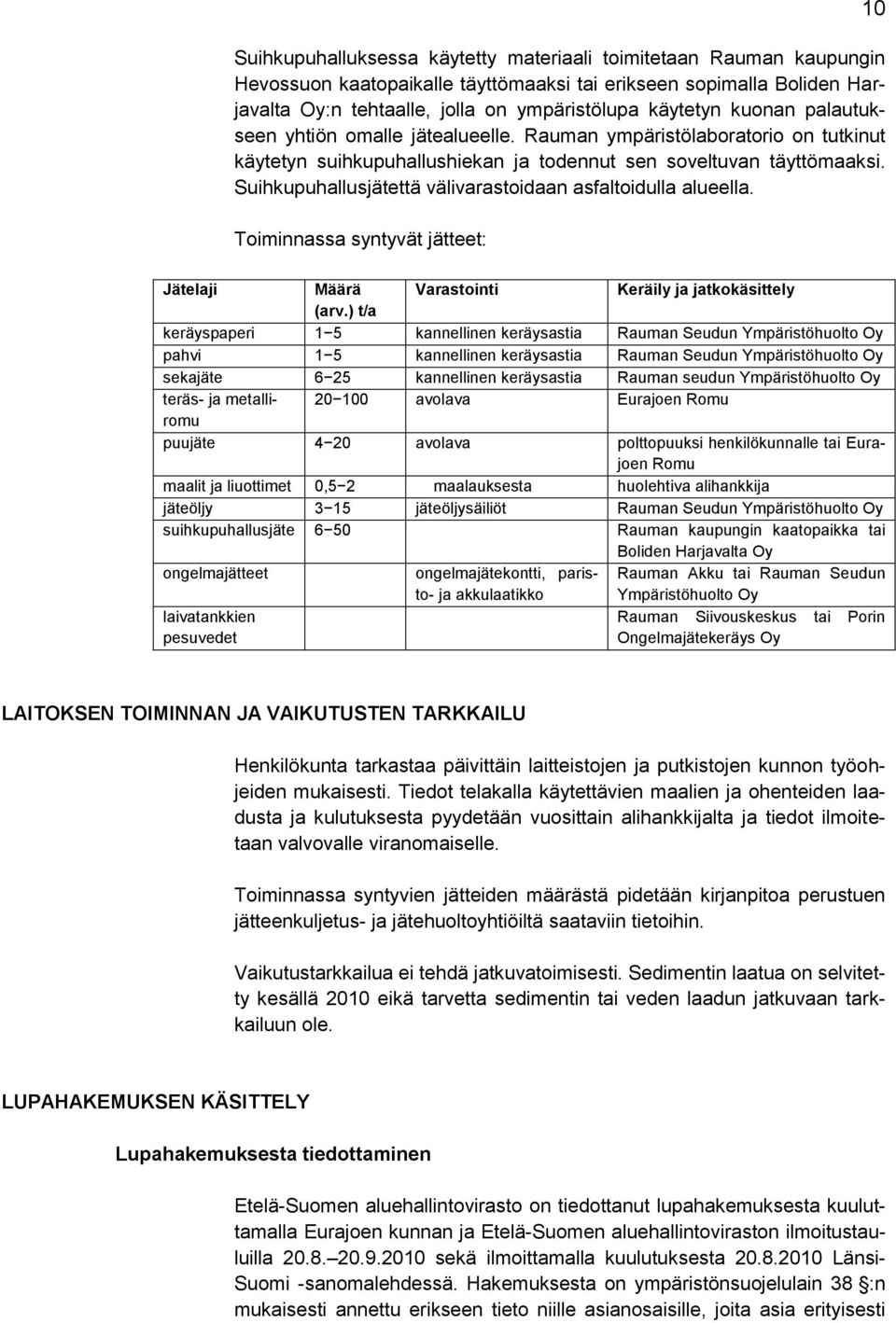 Suihkupuhallusjätettä välivarastoidaan asfaltoidulla alueella. Toiminnassa syntyvät jätteet: 10 Jätelaji Määrä Varastointi Keräily ja jatkokäsittely (arv.