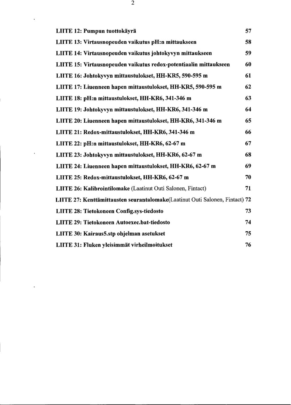 Johtokyvyn mittaustulokset, HH-KR6, 34-346 m 64 LIITE 2: Liuenneen hapen mittaustulokset, HH-KR6, 34-346 m 65 LIITE 2: Redox-mittaustulokset, HH-KR6, 34-346 m 66 LIITE 22: ph:n mittaustulokset,