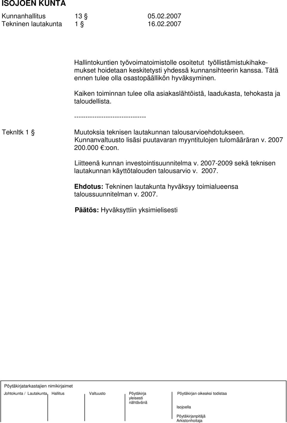 -------------------------------- Teknltk 1 Muutoksia teknisen lautakunnan talousarvioehdotukseen. Kunnanvaltuusto lisäsi puutavaran myyntitulojen tulomääräran v. 2007 200.000 :oon.