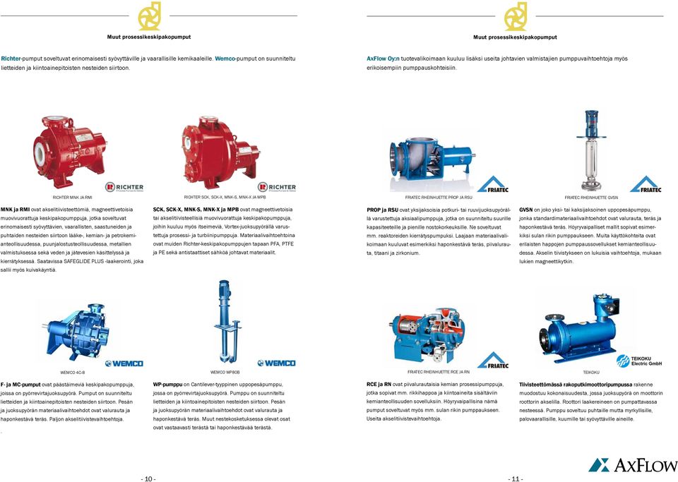 AxFlow Oy:n tuotevalikoimaan kuuluu lisäksi useita johtavien valmistajien pumppuvaihtoehtoja myös erikoisempiin pumppauskohteisiin.
