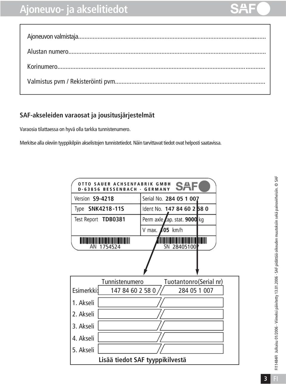 Merkitse alla oleviin tyyppikilpiin akselistojen tunnistetiedot. Näin tarvittavat tiedot ovat helposti saatavissa.