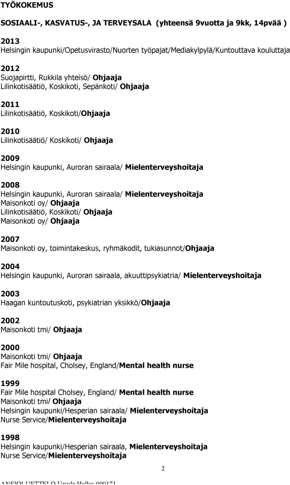 kaupunki, Auroran sairaala/ Mielenterveyshoitaja Maisonkoti oy/ Ohjaaja Lilinkotisäätiö, Koskikoti/ Ohjaaja Maisonkoti oy/ Ohjaaja Maisonkoti oy, toimintakeskus, ryhmäkodit, tukiasunnot/ohjaaja 2004