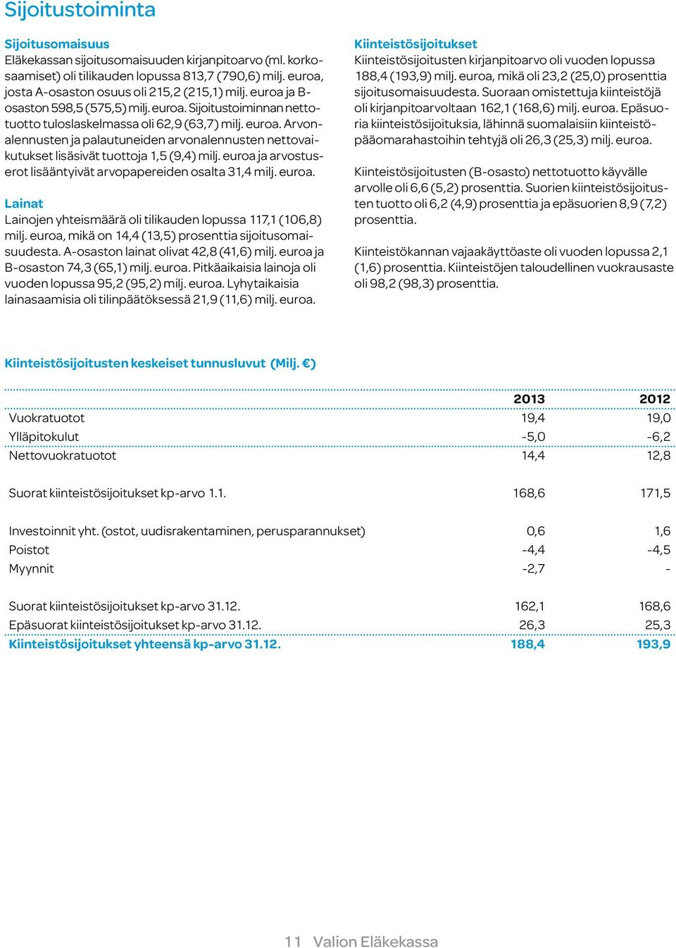 euroa ja arvostuserot lisääntyivät arvopapereiden osalta 31,4 milj. euroa. Lainat Lainojen yhteismäärä oli tilikauden lopussa 117,1 (106,8) milj.