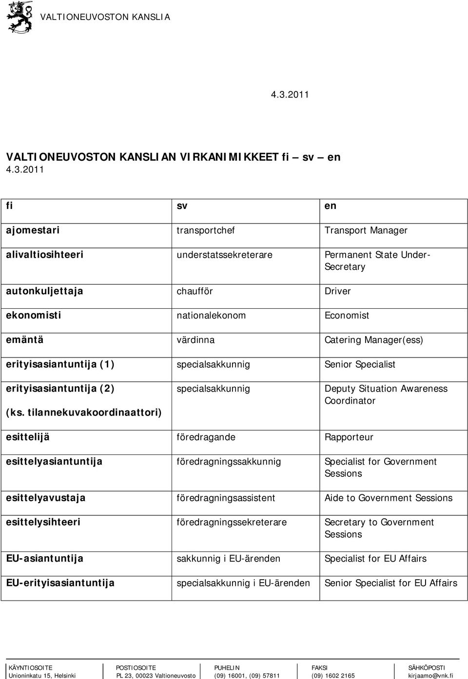 2011 fi sv en ajomestari transportchef Transport Manager alivaltiosihteeri understatssekreterare Permanent State Under- Secretary autonkuljettaja chaufför Driver ekonomisti nationalekonom Economist