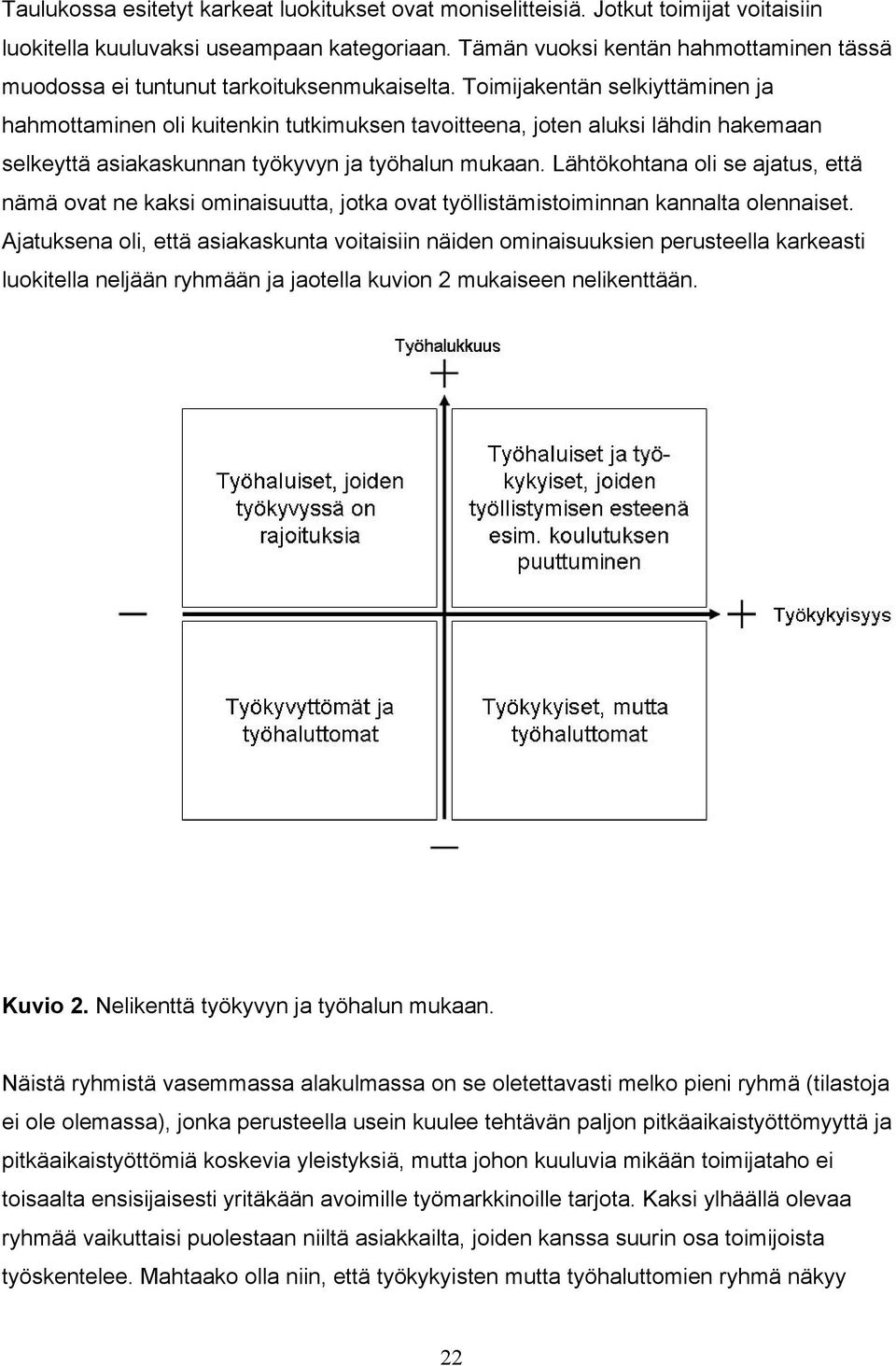 Toimijakentän selkiyttäminen ja hahmottaminen oli kuitenkin tutkimuksen tavoitteena, joten aluksi lähdin hakemaan selkeyttä asiakaskunnan työkyvyn ja työhalun mukaan.