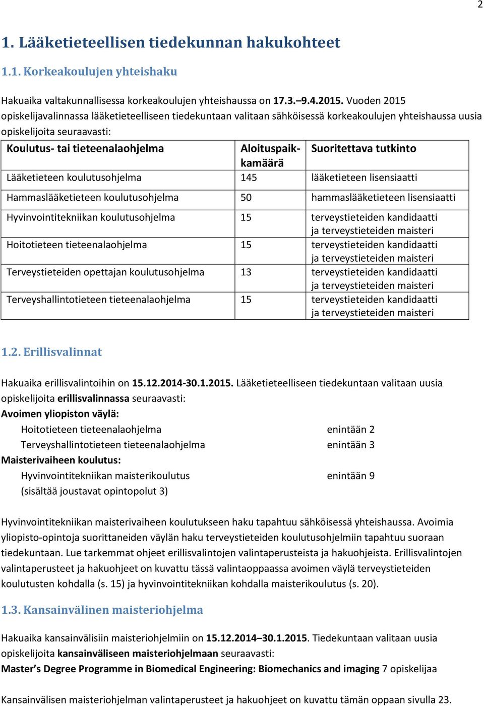 Suoritettava tutkinto Lääketieteen koulutusohjelma 145 lääketieteen lisensiaatti Hammaslääketieteen koulutusohjelma 50 hammaslääketieteen lisensiaatti Hyvinvointitekniikan koulutusohjelma 15