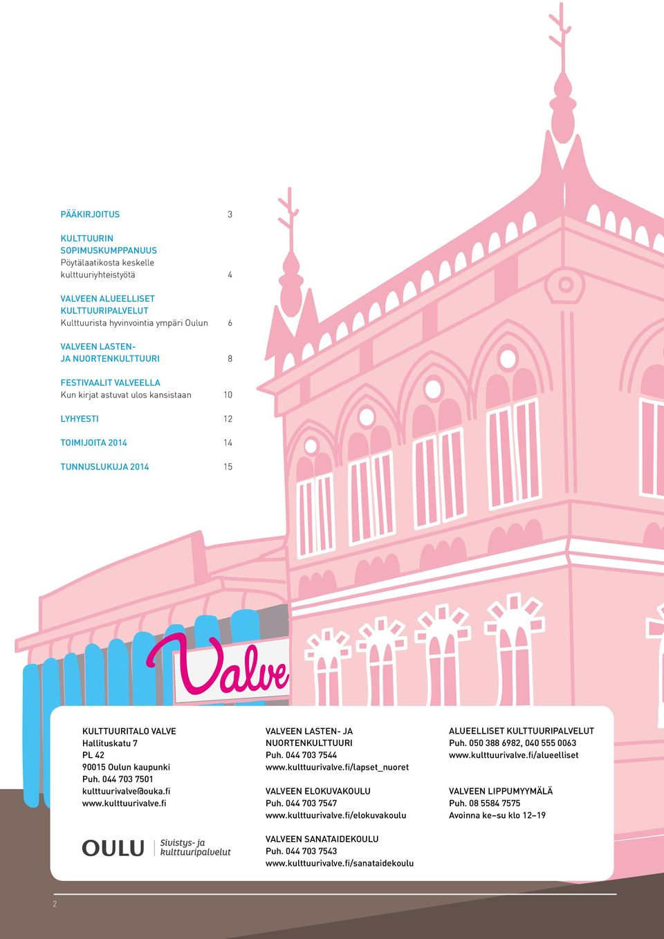 044 703 7501 kulttuurivalve@ouka.fi www.kulttuurivalve.fi Valveen lasten- ja nuortenkulttuuri Puh. 044 703 7544 www.kulttuurivalve.fi/lapset_nuoret Valveen elokuvakoulu Puh. 044 703 7547 www.