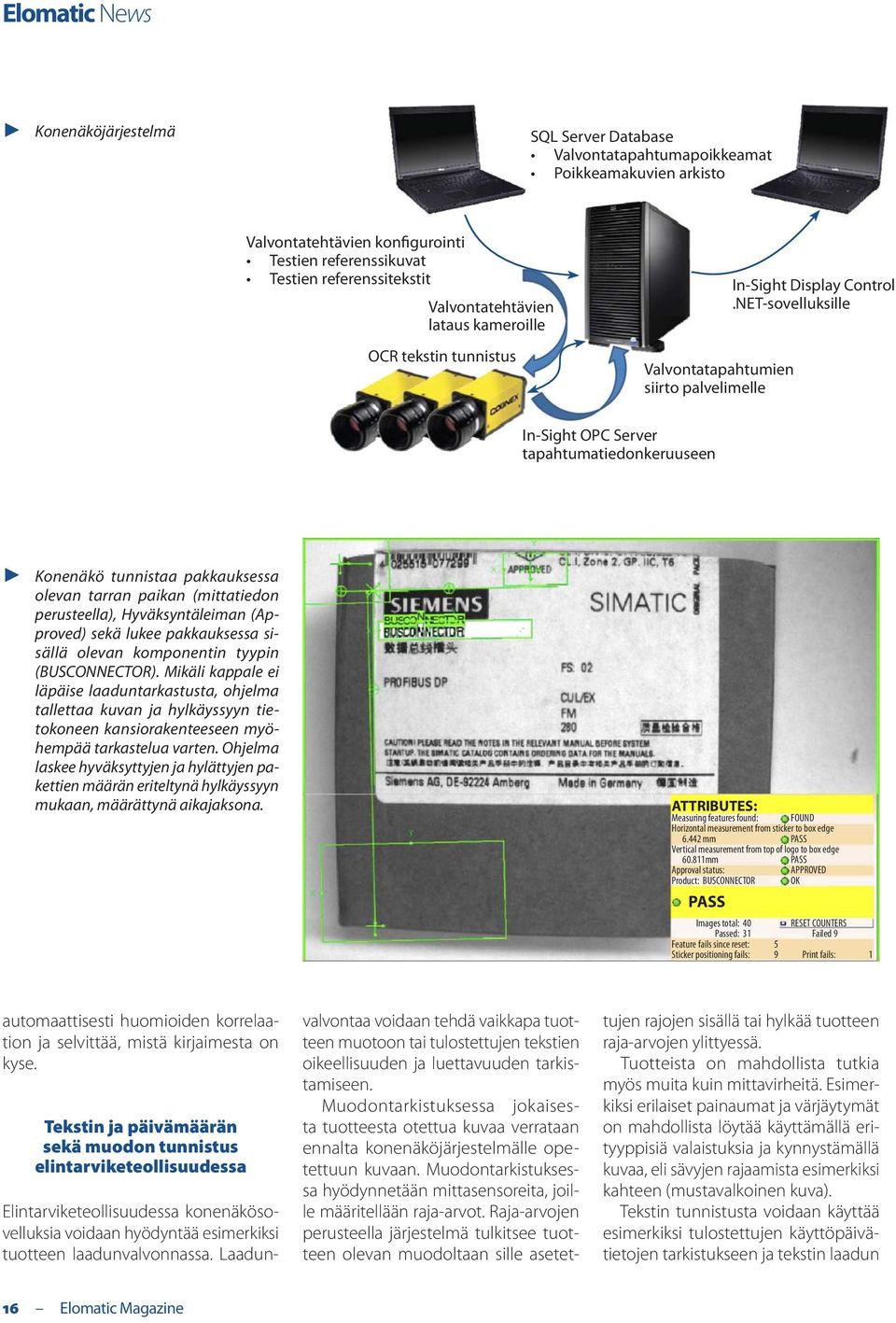 NET-sovelluksille In-Sight OPC Server tapahtumatiedonkeruuseen Konenäkö tunnistaa pakkauksessa olevan tarran paikan (mittatiedon perusteella), Hyväksyntäleiman (Approved) sekä lukee pakkauksessa