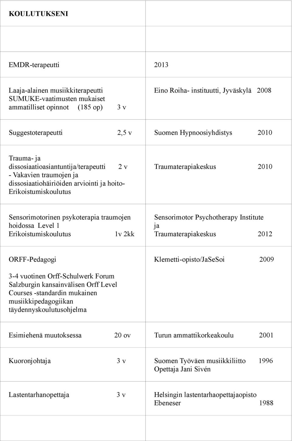 Sensorimotorinen psykoterapia traumojen hoidossa Level 1 Erikoistumiskoulutus 1v 2kk Sensorimotor Psychotherapy Institute ja Traumaterapiakeskus 2012 ORFF-Pedagogi Klemetti-opisto/JaSeSoi 2009 3-4