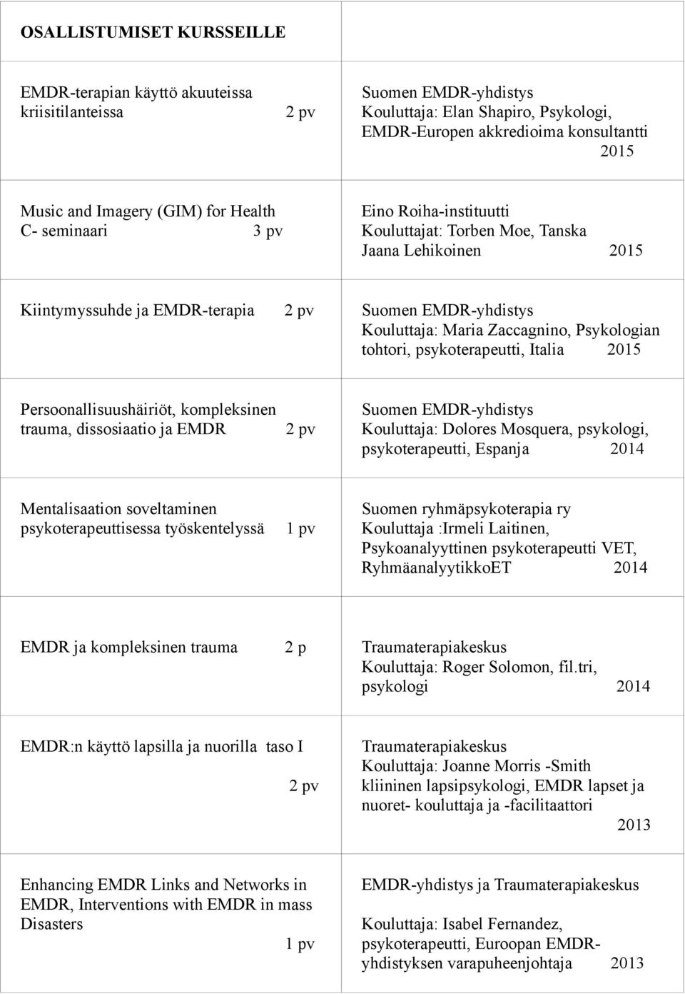 Psykologian tohtori, psykoterapeutti, Italia 2015 Persoonallisuushäiriöt, kompleksinen trauma, dissosiaatio ja EMDR Suomen EMDR-yhdistys Kouluttaja: Dolores Mosquera, psykologi, psykoterapeutti,