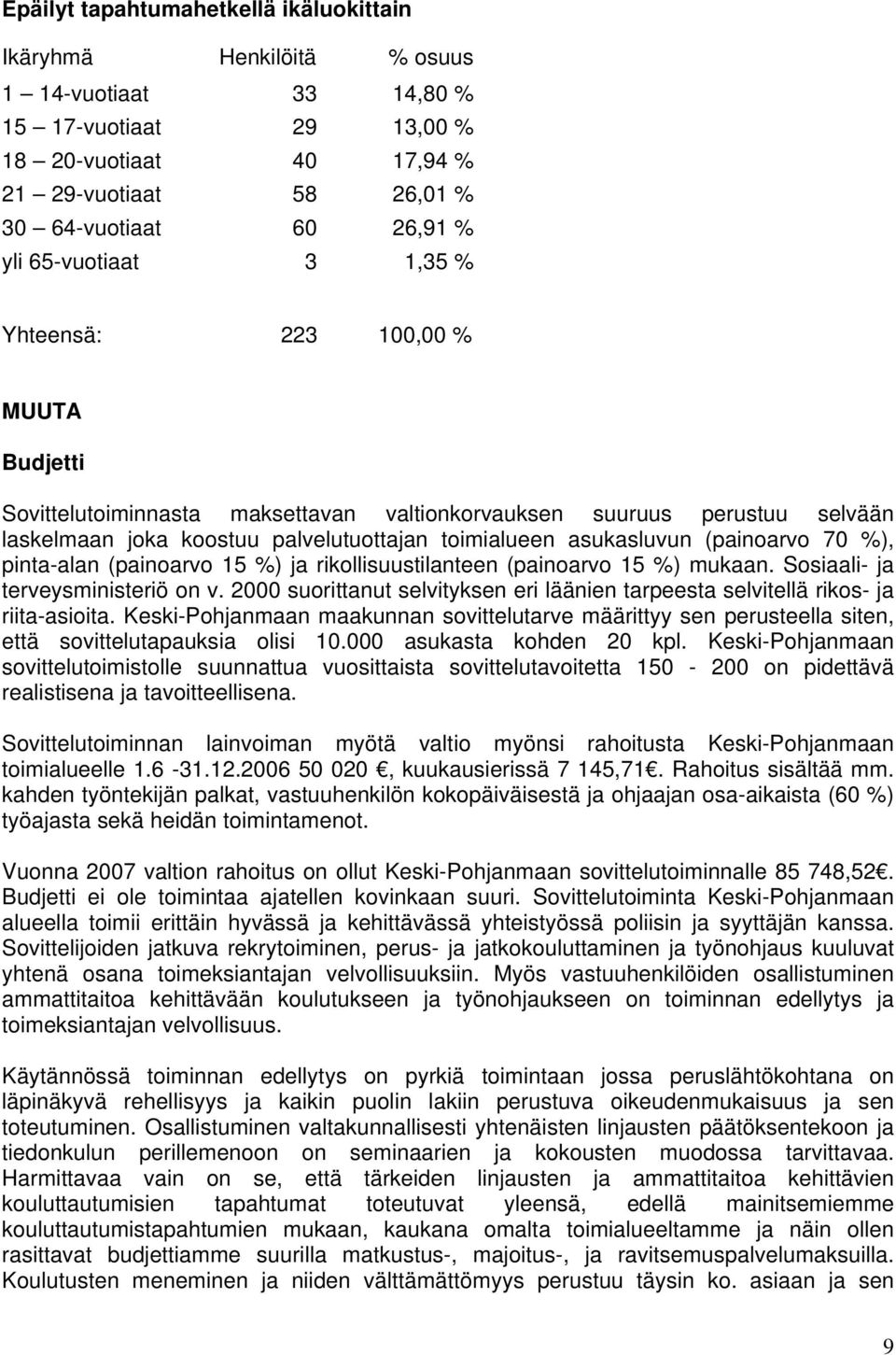 asukasluvun (painoarvo 70 %), pinta-alan (painoarvo 15 %) ja rikollisuustilanteen (painoarvo 15 %) mukaan. Sosiaali- ja terveysministeriö on v.