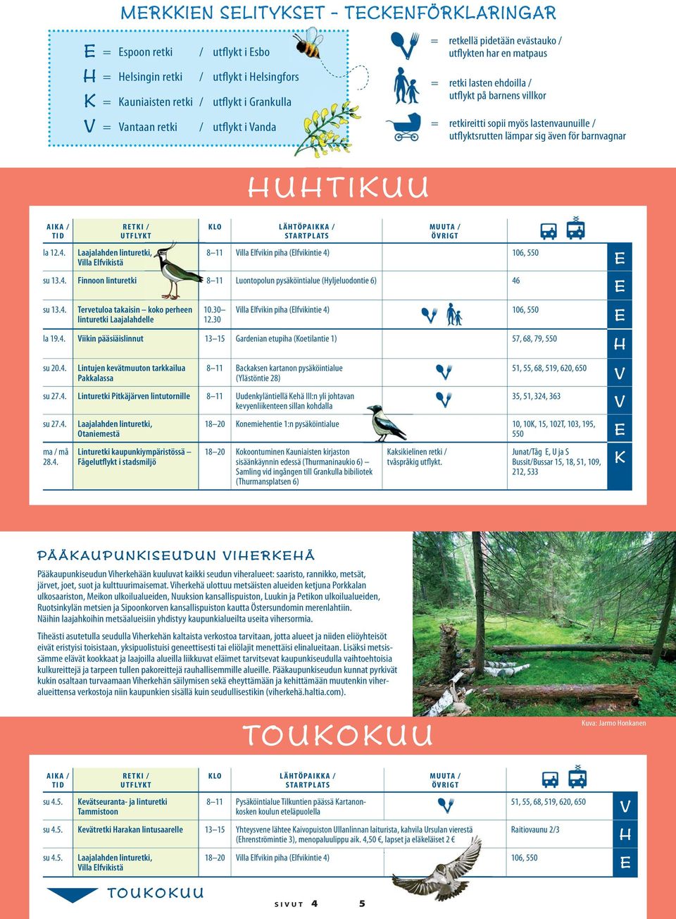 12.4. RTKI / Laajalahden linturetki, illa lfvikistä KLO LÄTÖPAIKKA / ÖRIGT 8 11 illa lfvikin piha (lfvikintie 4) 106, 550 su 13.4. Finnoon linturetki 8 11 Luontopolun pysäköintialue (yljeluodontie 6) 46 su 13.