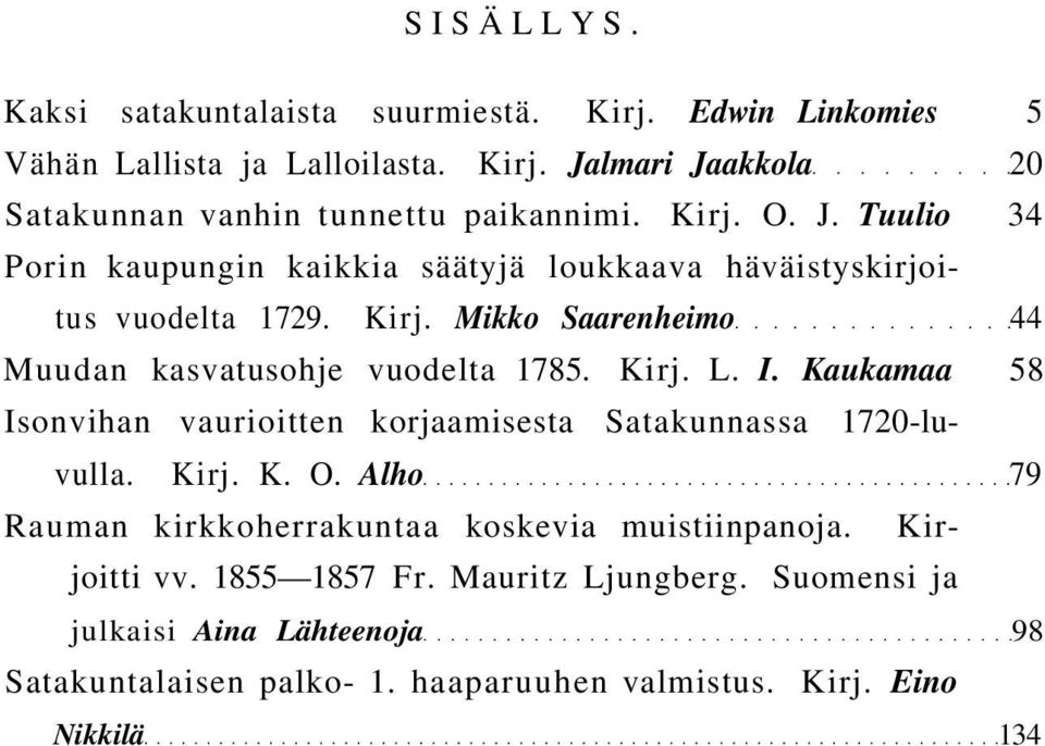 Kirj. L. I. Kaukamaa 58 Isonvihan vaurioitten korjaamisesta Satakunnassa 1720-luvulla. Kirj. K. O. Alho 79 Rauman kirkkoherrakuntaa koskevia muistiinpanoja.