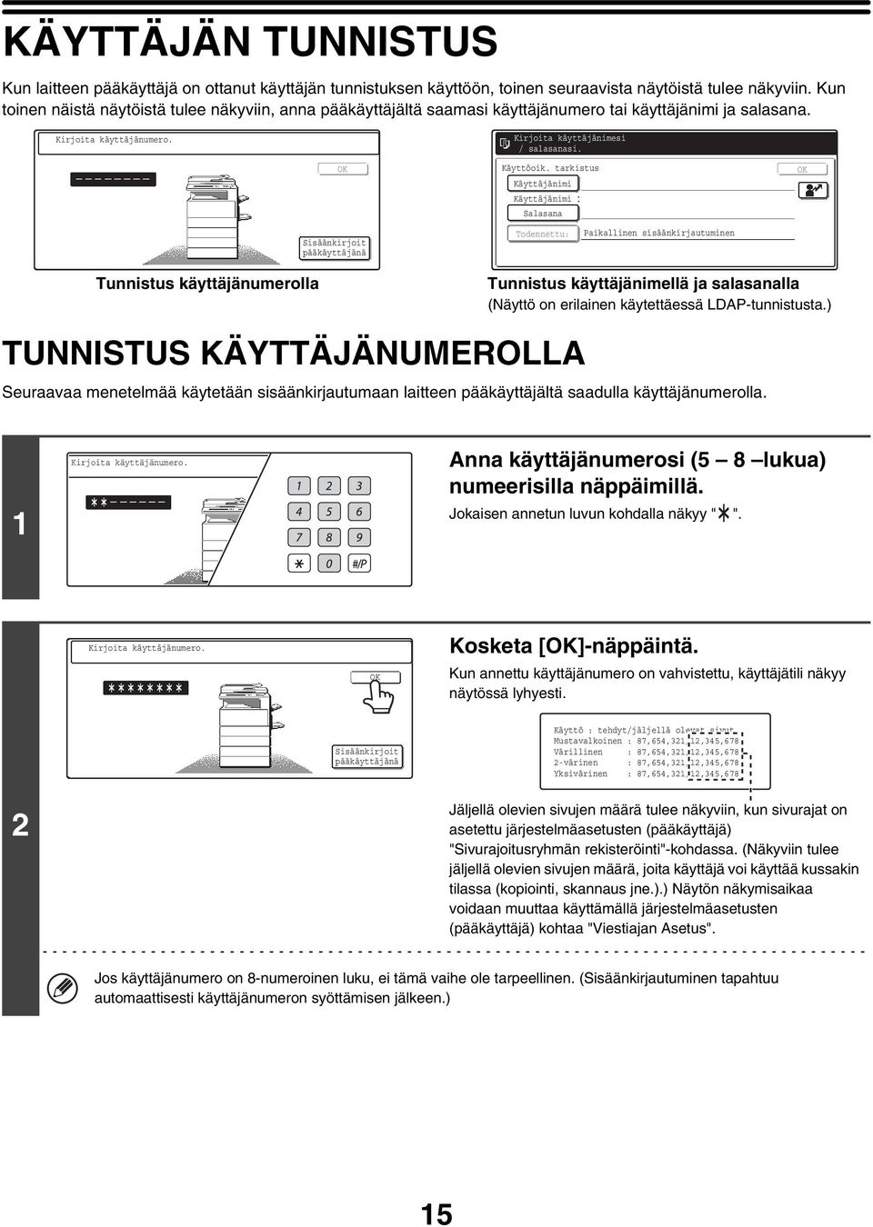 tarkistus Käyttäjänimi Käyttäjänimi Salasana OK Sisäänkirjoit pääkäyttäjänä Todennettu: Paikallinen sisäänkirjautuminen Tunnistus käyttäjänumerolla Tunnistus käyttäjänimellä ja salasanalla (Näyttö on