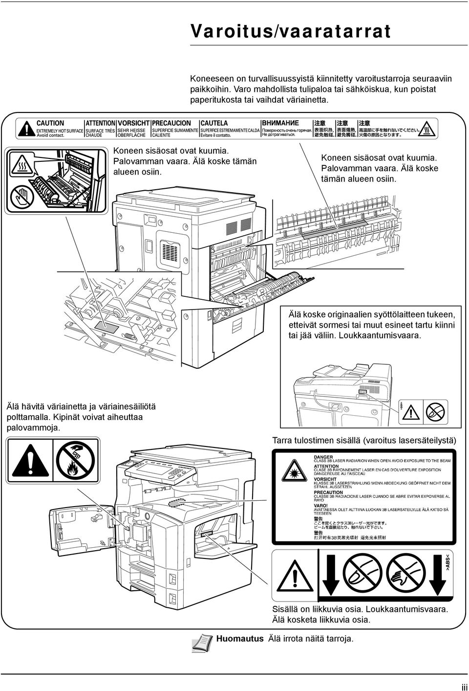 Koneen sisäosat ovat kuumia. Palovamman vaara. Älä koske tämän alueen osiin. Älä koske originaalien syöttölaitteen tukeen, etteivät sormesi tai muut esineet tartu kiinni tai jää väliin.