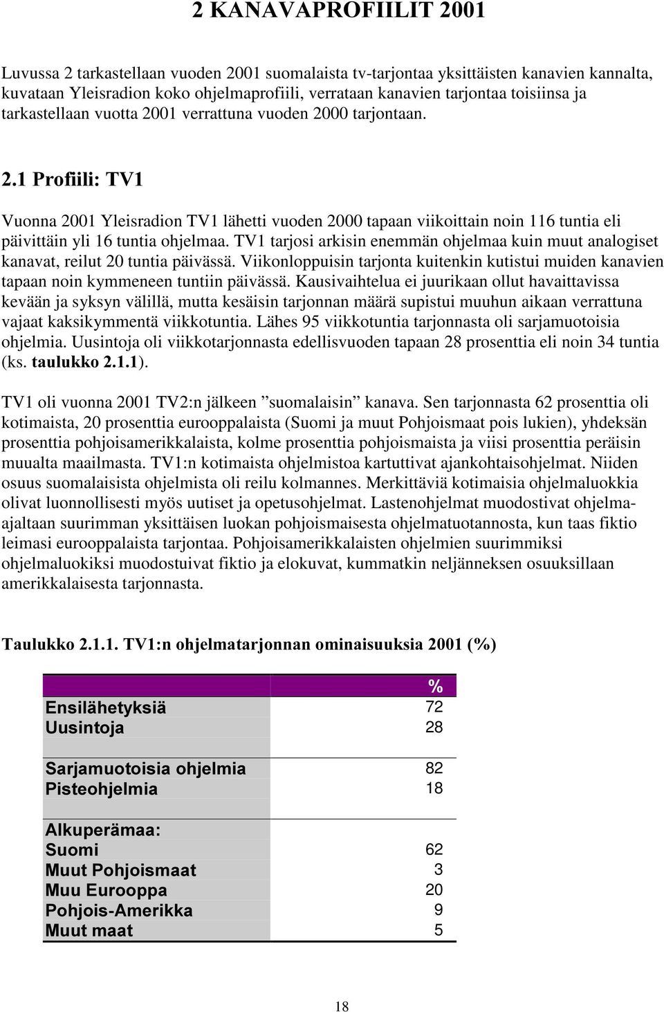 TV1 tarjosi arkisin enemmän ohjelmaa kuin muut analogiset kanavat, reilut 20 tuntia päivässä. Viikonloppuisin tarjonta kuitenkin kutistui muiden kanavien tapaan noin kymmeneen tuntiin päivässä.