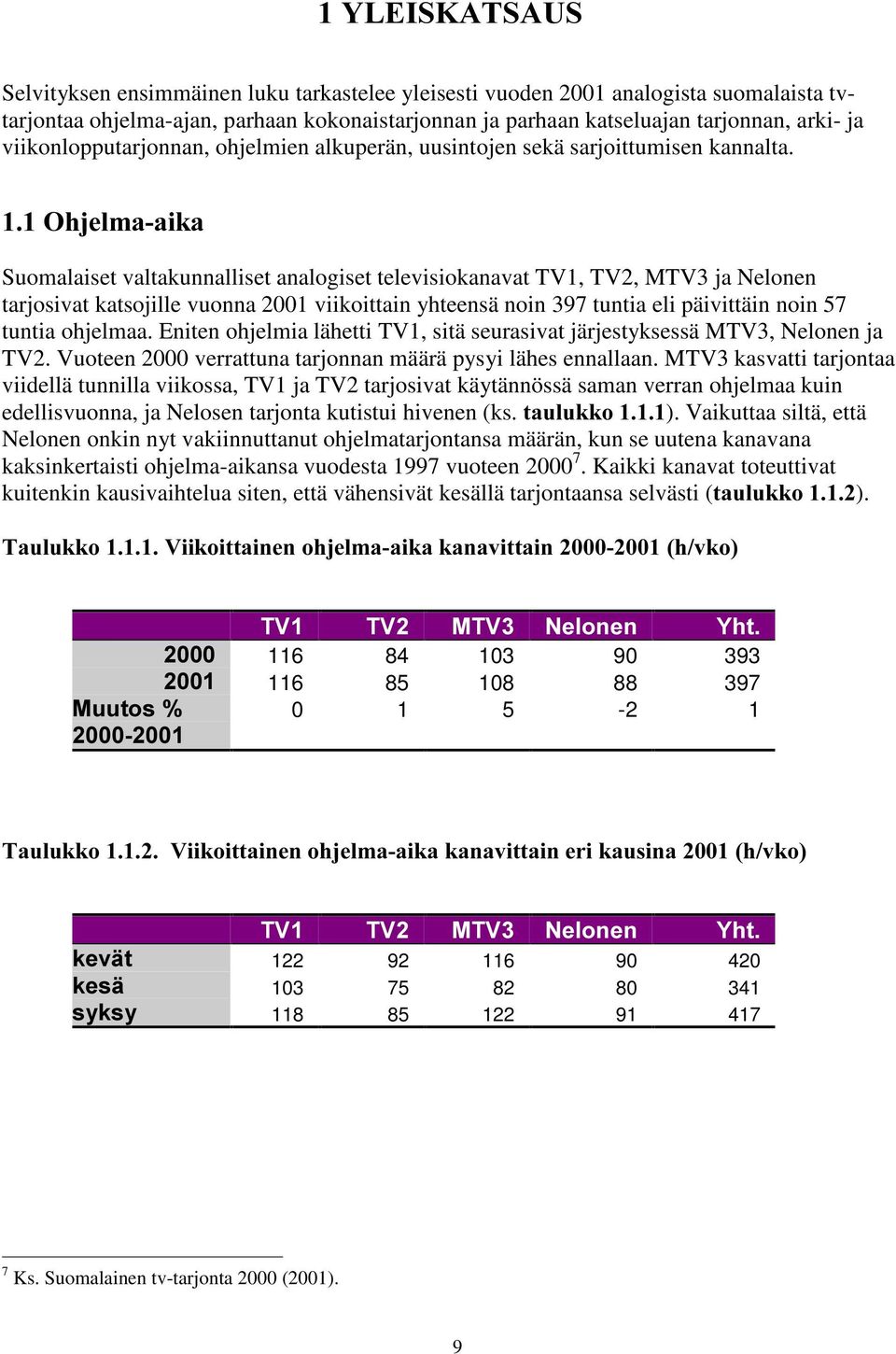 viikonlopputarjonnan, ohjelmien alkuperän, uusintojen sekä sarjoittumisen kannalta.