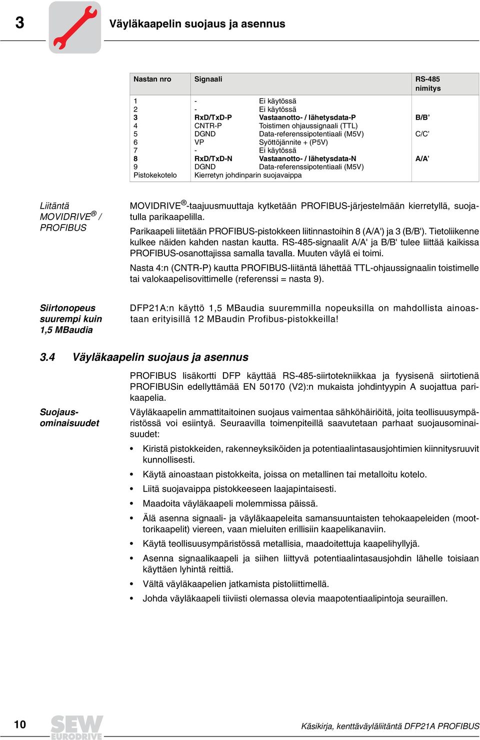 johdinparin suojavaippa Liitäntä MOVDRVE / PROFBUS MOVDRVE -taajuusmuuttaja kytketään PROFBUS-järjestelmään kierretyllä, suojatulla parikaapelilla.