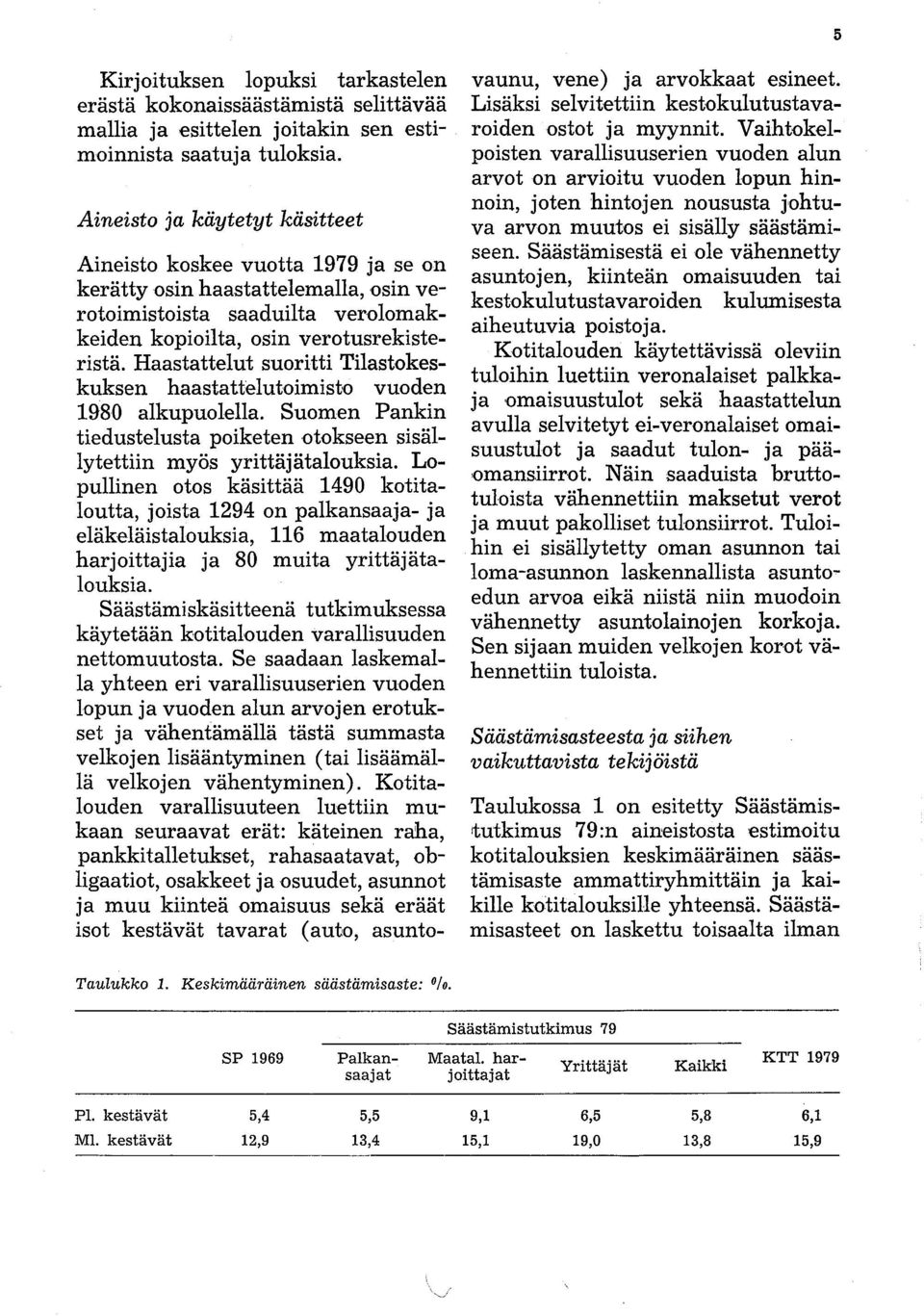 Haastattelut suoritti Tilastokeskuksen haastattelutoimisto vuoden 1980 alkupuolella. Suomen Pankin tiedustelusta poiketen otokseen sisällytettiin myös yrittäjätalouksia.