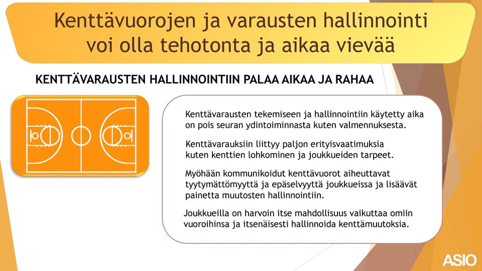 Kenttävarauksiin liittyy paljon erityisvaatimuksia kuten kenttien lohkominen ja joukkueiden tarpeet.