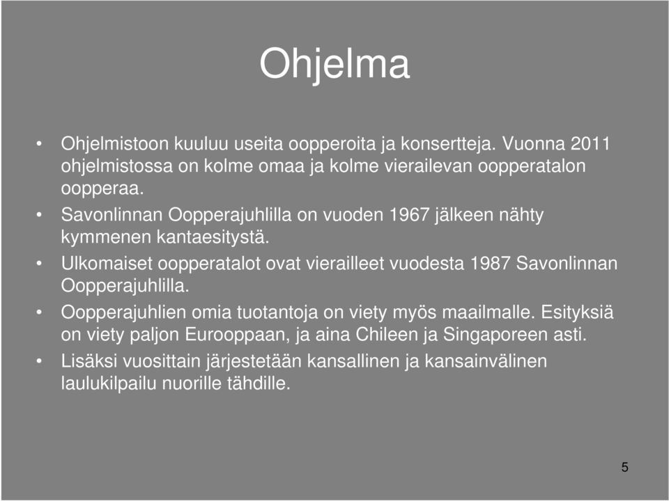 Savonlinnan Oopperajuhlilla on vuoden 1967 jälkeen nähty kymmenen kantaesitystä.