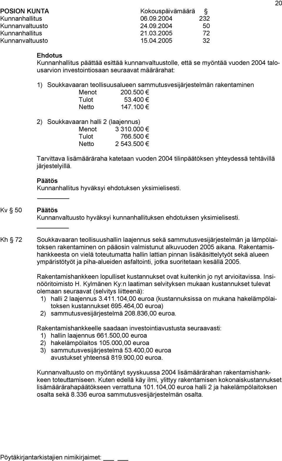 50 Kunnanhallitus 21.03.2005 72 Kunnanvaltuusto 15.04.