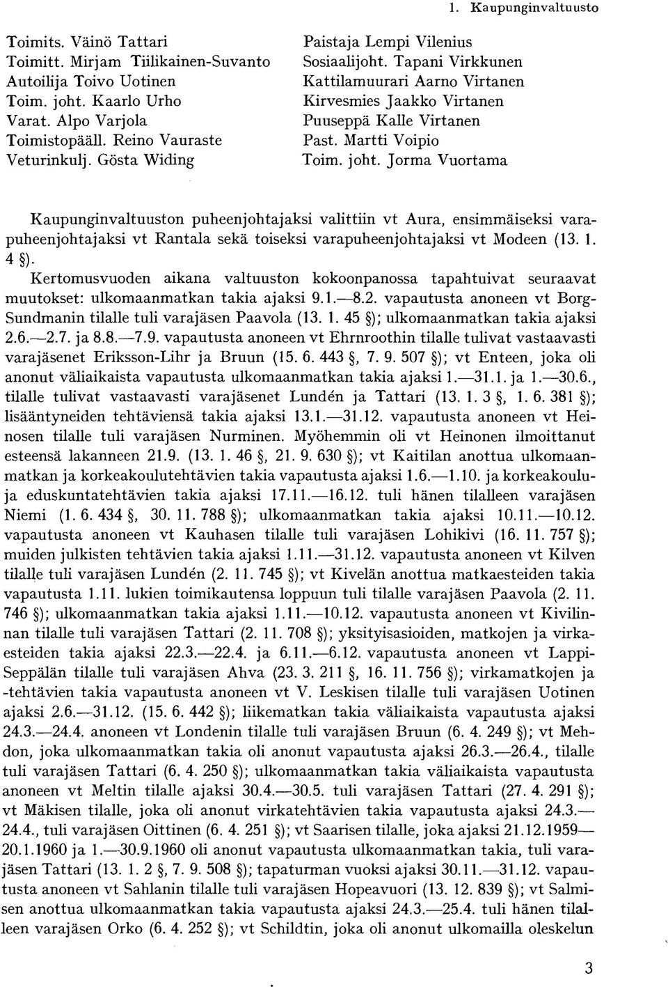 Jorma Vuortama Kaupunginvaltuuston puheenjohtajaksi valittiin vt Aura, ensimmäiseksi varapuheenjohtajaksi vt Rantala sekä toiseksi varapuheenjohtajaksi vt Modeen (13. 1. 4 ).