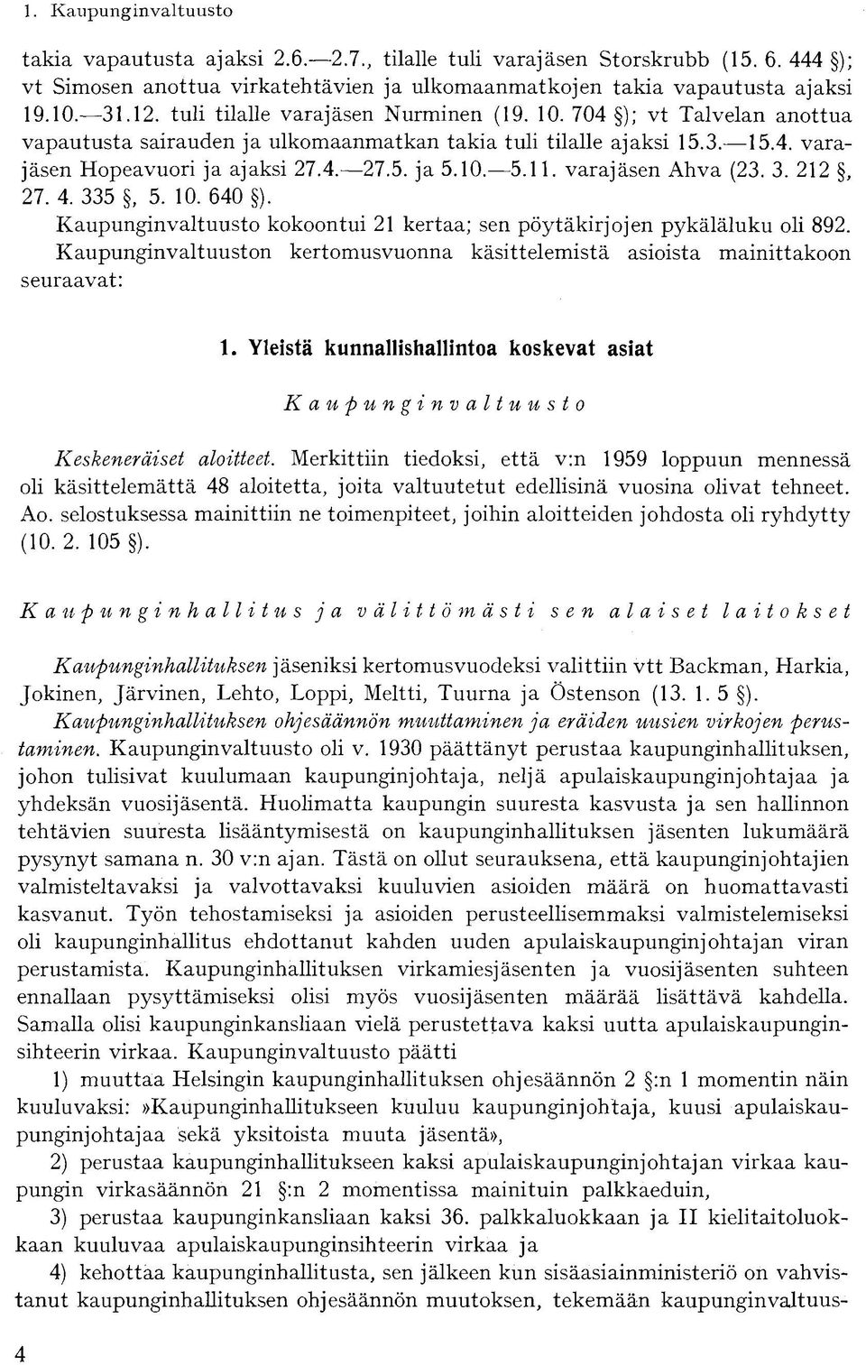 varajäsen Ahva (23. 3. 212, 27. 4. 335, 5. 10. 640 ). Kaupunginvaltuusto kokoontui 21 kertaa; sen pöytäkirjojen pykäläluku oli 892.