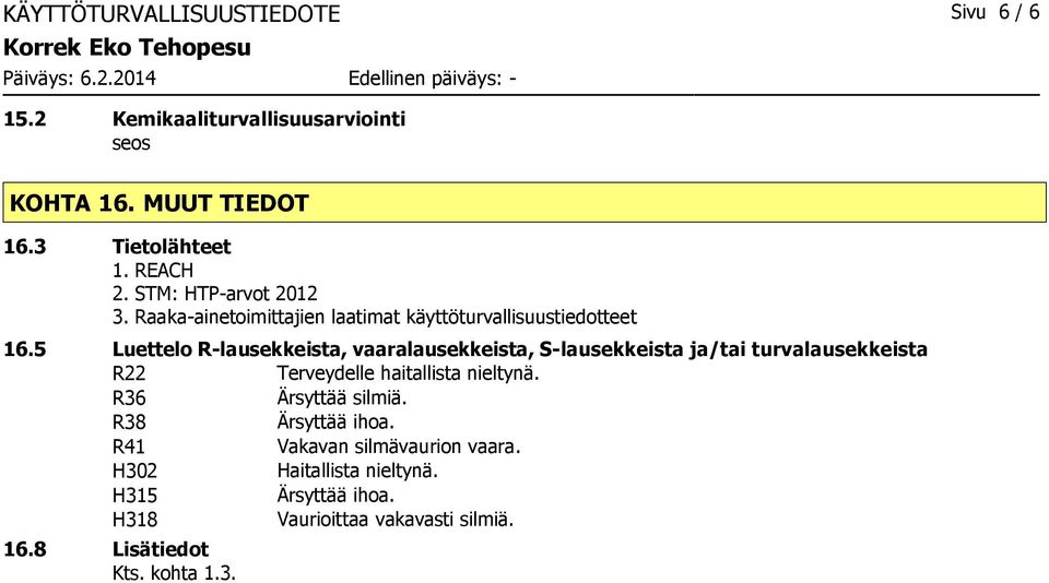 5 Luettelo Rlausekkeista, vaaralausekkeista, Slausekkeista ja/tai turvalausekkeista R22 Terveydelle haitallista nieltynä.