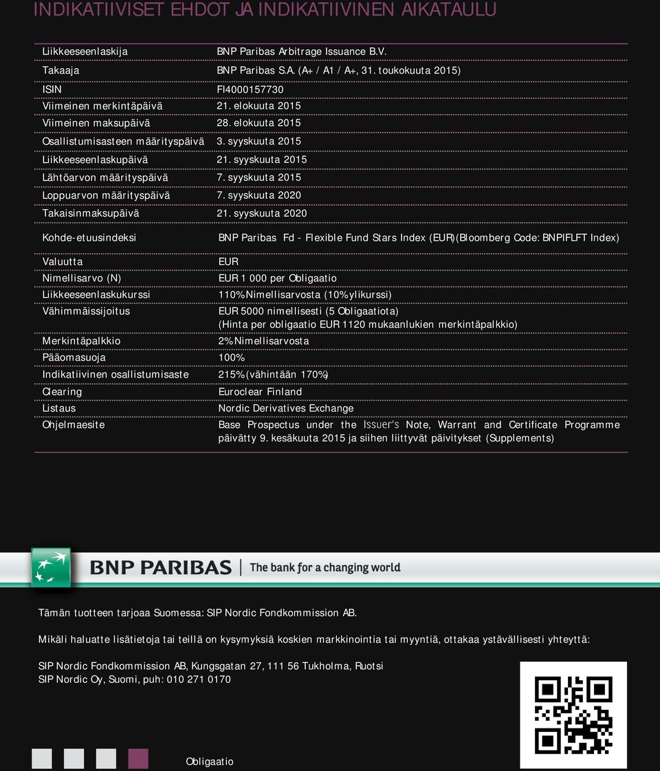 syyskuuta 2015 Lähtöarvon määrityspäivä 7. syyskuuta 2015 Loppuarvon määrityspäivä 7. syyskuuta 2020 Takaisinmaksupäivä 21.