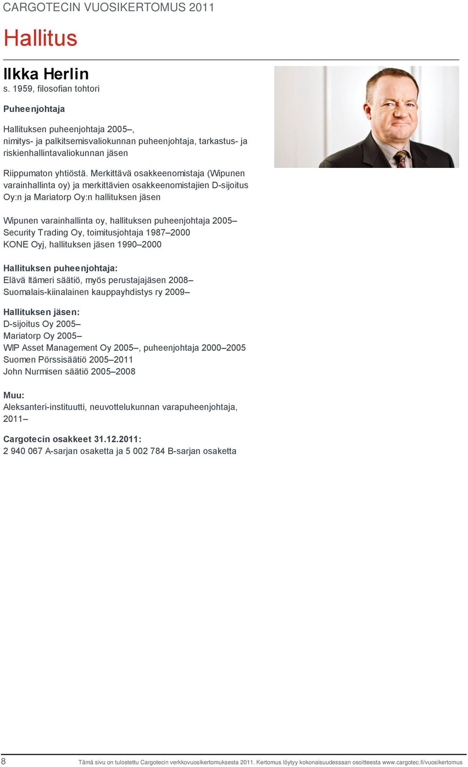 Merkittävä osakkeenomistaja (Wipunen varainhallinta oy) ja merkittävien osakkeenomistajien D-sijoitus Oy:n ja Mariatorp Oy:n hallituksen jäsen Wipunen varainhallinta oy, hallituksen puheenjohtaja