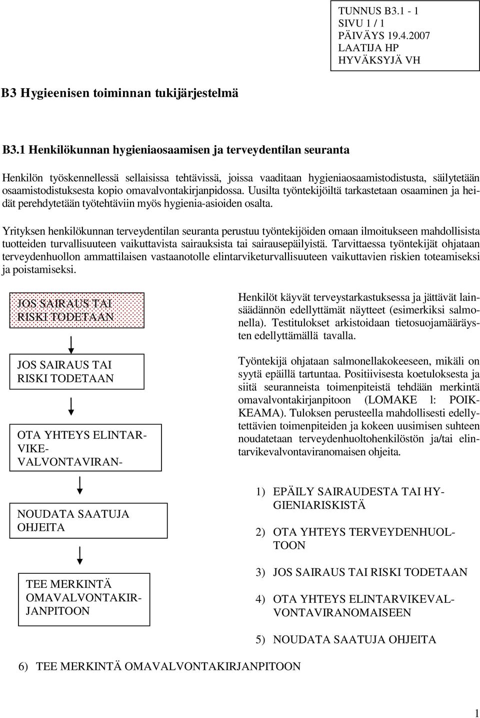 omavalvontakirjanpidossa. Uusilta työntekijöiltä tarkastetaan osaaminen ja heidät perehdytetään työtehtäviin myös hygienia-asioiden osalta.